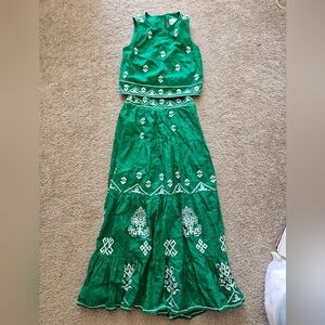 Anthropologie Mitra Embroidered Green cotton Maxi Skirt and Top
